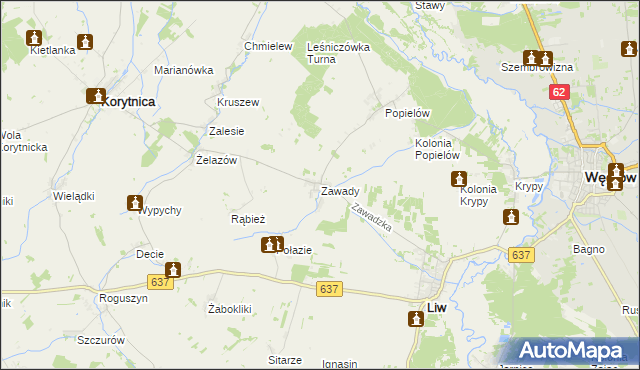 mapa Zawady gmina Liw, Zawady gmina Liw na mapie Targeo