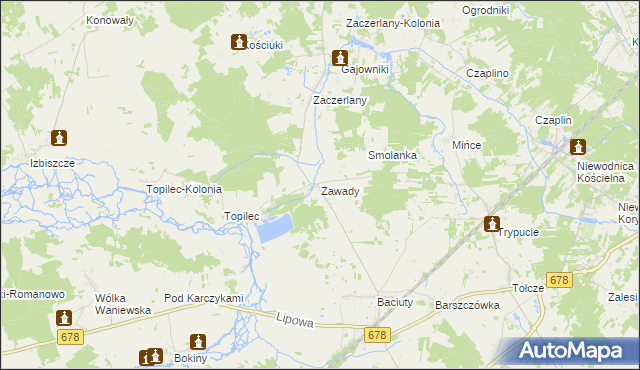 mapa Zawady gmina Turośń Kościelna, Zawady gmina Turośń Kościelna na mapie Targeo