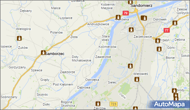 mapa Zawierzbie gmina Samborzec, Zawierzbie gmina Samborzec na mapie Targeo