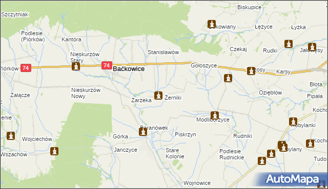 mapa Żerniki gmina Baćkowice, Żerniki gmina Baćkowice na mapie Targeo