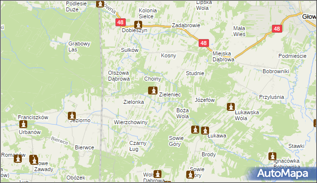 mapa Zieleniec gmina Głowaczów, Zieleniec gmina Głowaczów na mapie Targeo