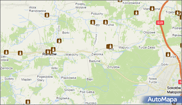 mapa Zielonka gmina Raniżów, Zielonka gmina Raniżów na mapie Targeo