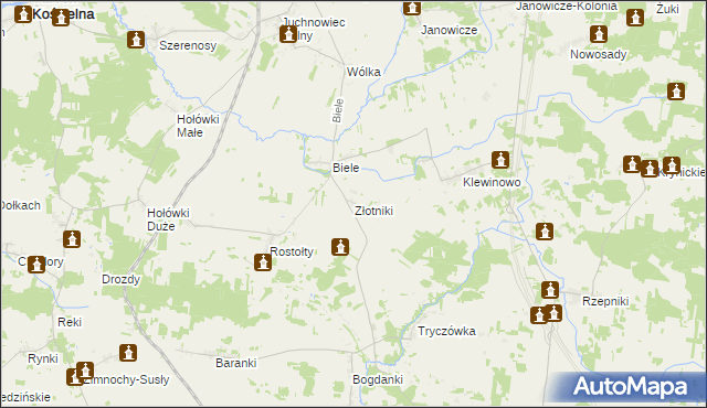mapa Złotniki gmina Juchnowiec Kościelny, Złotniki gmina Juchnowiec Kościelny na mapie Targeo