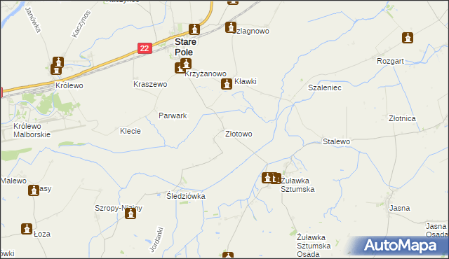 mapa Złotowo gmina Stare Pole, Złotowo gmina Stare Pole na mapie Targeo