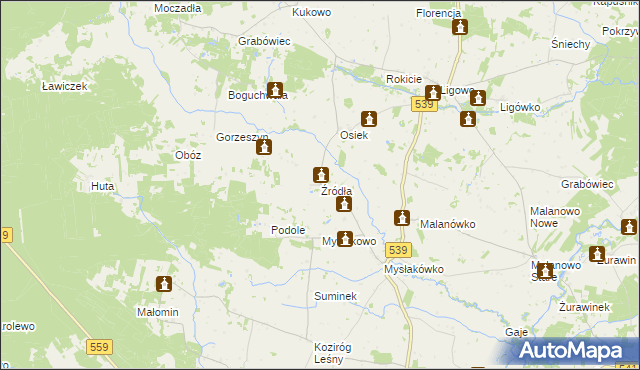 mapa Źródła gmina Tłuchowo, Źródła gmina Tłuchowo na mapie Targeo