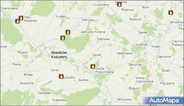 mapa Zwola gmina Miastków Kościelny, Zwola gmina Miastków Kościelny na mapie Targeo
