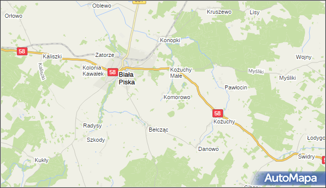 mapa Komorowo gmina Biała Piska, Komorowo gmina Biała Piska na mapie Targeo