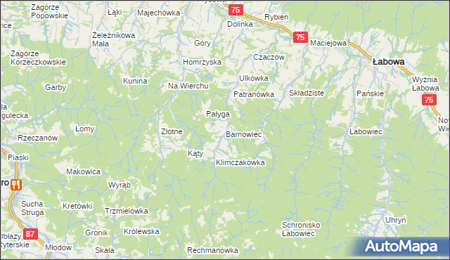 mapa Barnowiec gmina Łabowa, Barnowiec gmina Łabowa na mapie Targeo