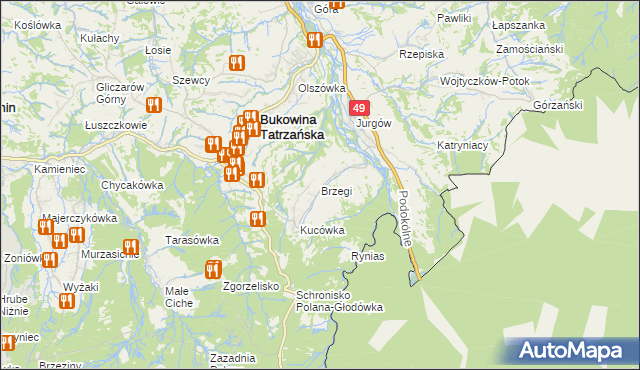 mapa Brzegi gmina Bukowina Tatrzańska, Brzegi gmina Bukowina Tatrzańska na mapie Targeo