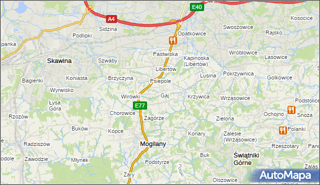 mapa Gaj gmina Mogilany, Gaj gmina Mogilany na mapie Targeo