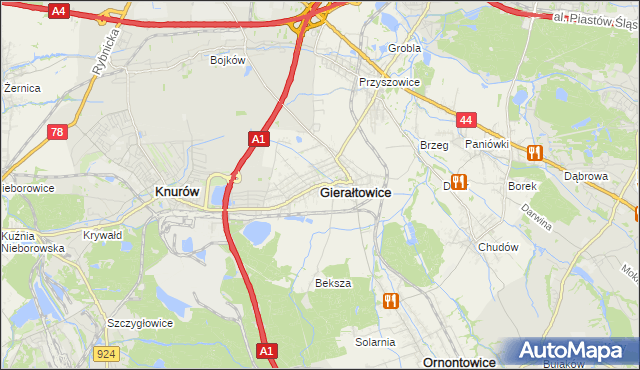 mapa Gierałtowice powiat gliwicki, Gierałtowice powiat gliwicki na mapie Targeo