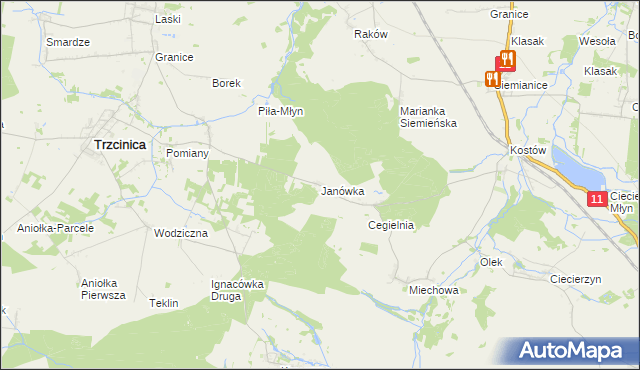 mapa Janówka gmina Byczyna, Janówka gmina Byczyna na mapie Targeo