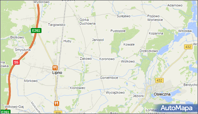mapa Koronowo gmina Lipno, Koronowo gmina Lipno na mapie Targeo