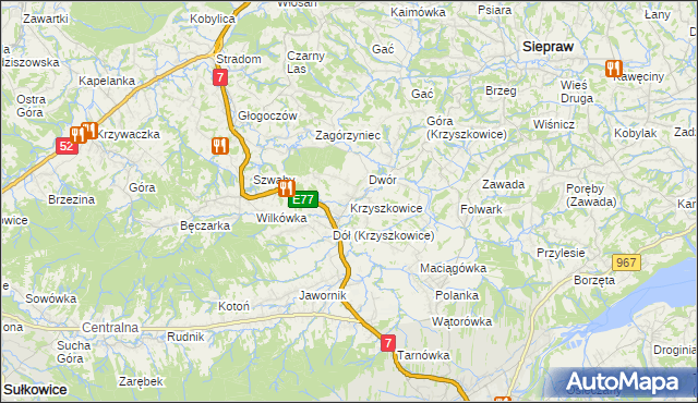 mapa Krzyszkowice gmina Myślenice, Krzyszkowice gmina Myślenice na mapie Targeo
