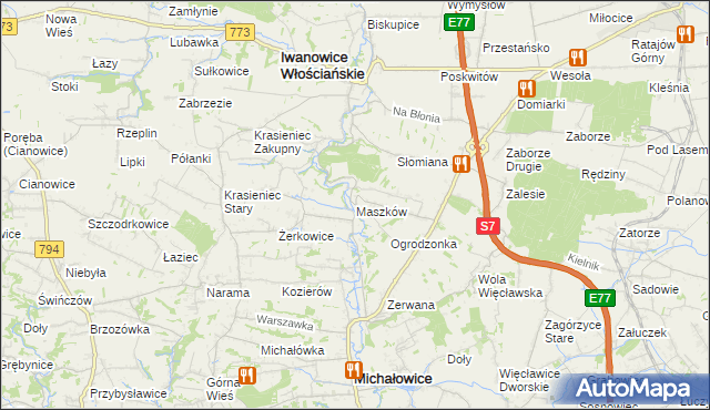 mapa Maszków gmina Iwanowice, Maszków gmina Iwanowice na mapie Targeo