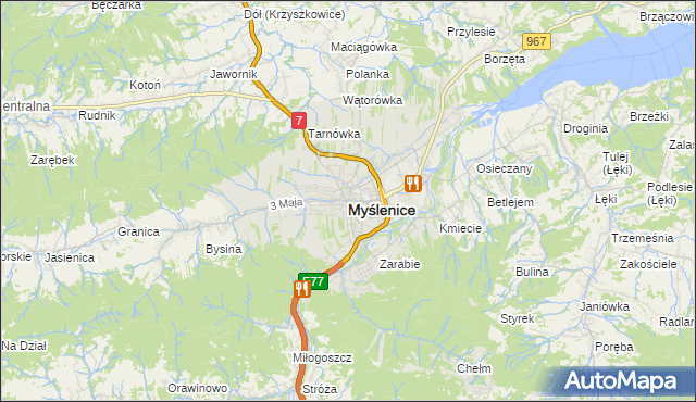 mapa Myślenice, Myślenice na mapie Targeo