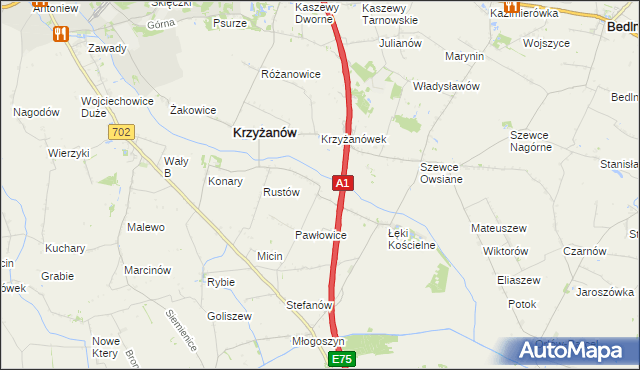 mapa Pawłowice gmina Krzyżanów, Pawłowice gmina Krzyżanów na mapie Targeo