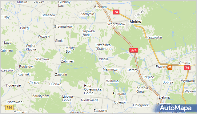 mapa Piaski gmina Mniów, Piaski gmina Mniów na mapie Targeo