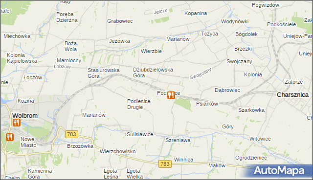 mapa Podlesice gmina Charsznica, Podlesice gmina Charsznica na mapie Targeo