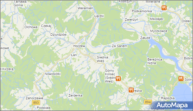 mapa Średnia Wieś gmina Lesko, Średnia Wieś gmina Lesko na mapie Targeo