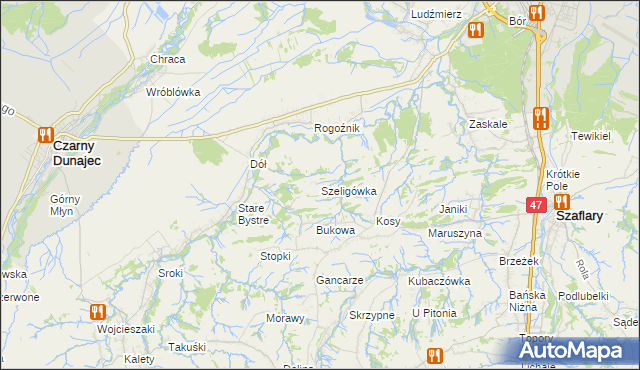 mapa Szeligówka gmina Czarny Dunajec, Szeligówka gmina Czarny Dunajec na mapie Targeo