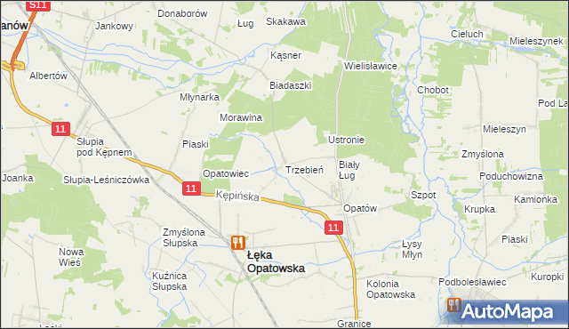 mapa Trzebień gmina Łęka Opatowska, Trzebień gmina Łęka Opatowska na mapie Targeo