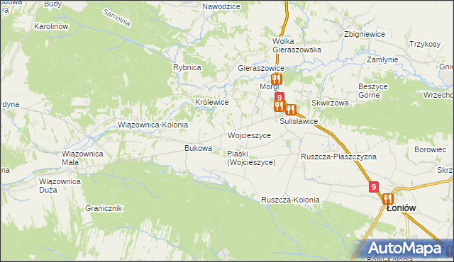 mapa Wojcieszyce gmina Łoniów, Wojcieszyce gmina Łoniów na mapie Targeo