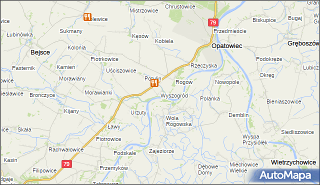 mapa Wyszogród gmina Opatowiec, Wyszogród gmina Opatowiec na mapie Targeo