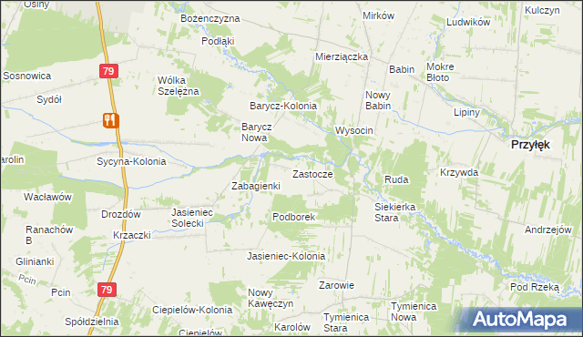 mapa Zastocze gmina Zwoleń, Zastocze gmina Zwoleń na mapie Targeo