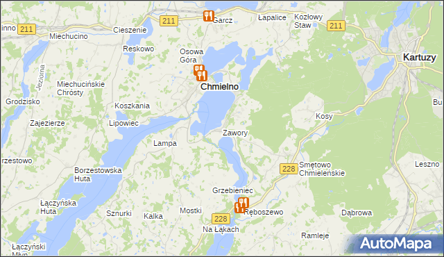 mapa Zawory gmina Chmielno, Zawory gmina Chmielno na mapie Targeo