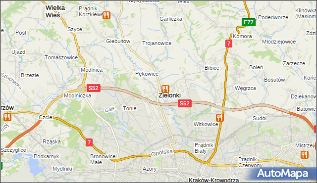 mapa Zielonki powiat krakowski, Zielonki powiat krakowski na mapie Targeo