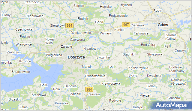 mapa Skrzynka gmina Dobczyce, Skrzynka gmina Dobczyce na mapie Targeo