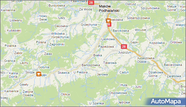 mapa Białka gmina Maków Podhalański, Białka gmina Maków Podhalański na mapie Targeo