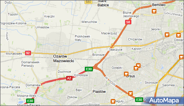 mapa Bronisze gmina Ożarów Mazowiecki, Bronisze gmina Ożarów Mazowiecki na mapie Targeo