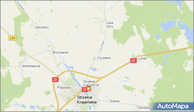 mapa Czyżewo gmina Strzelce Krajeńskie, Czyżewo gmina Strzelce Krajeńskie na mapie Targeo