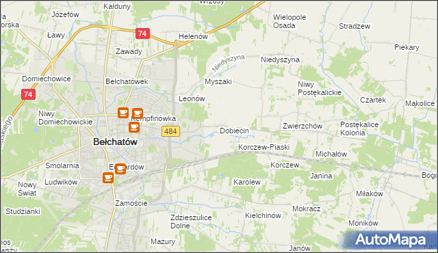 mapa Dobiecin gmina Bełchatów, Dobiecin gmina Bełchatów na mapie Targeo