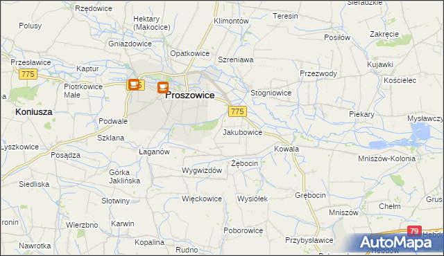 mapa Jakubowice gmina Proszowice, Jakubowice gmina Proszowice na mapie Targeo
