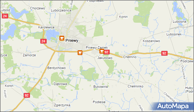 mapa Jakubowo gmina Pniewy, Jakubowo gmina Pniewy na mapie Targeo