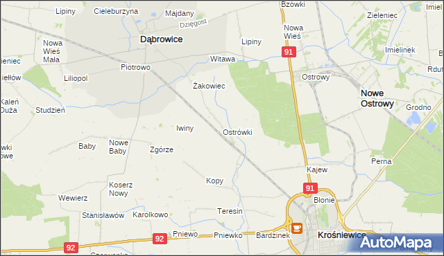 mapa Ostrówki gmina Dąbrowice, Ostrówki gmina Dąbrowice na mapie Targeo