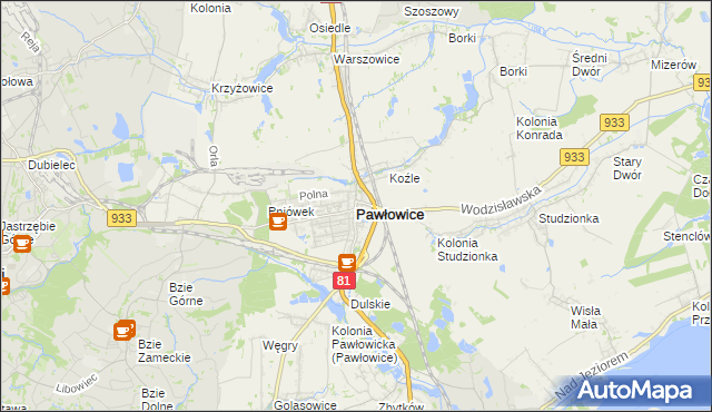 mapa Pawłowice powiat pszczyński, Pawłowice powiat pszczyński na mapie Targeo