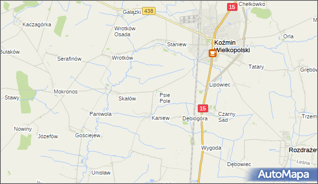 mapa Psie Pole gmina Koźmin Wielkopolski, Psie Pole gmina Koźmin Wielkopolski na mapie Targeo
