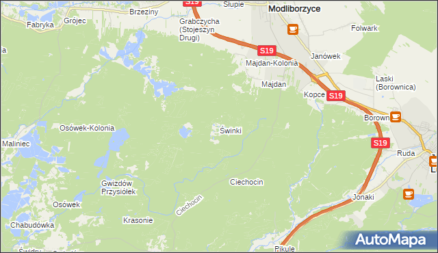 mapa Świnki gmina Modliborzyce, Świnki gmina Modliborzyce na mapie Targeo