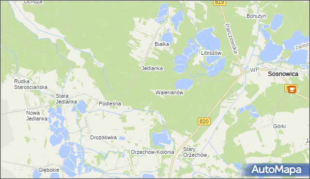 mapa Walerianów gmina Sosnowica, Walerianów gmina Sosnowica na mapie Targeo