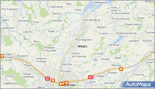 mapa Wieprz powiat wadowicki, Wieprz powiat wadowicki na mapie Targeo