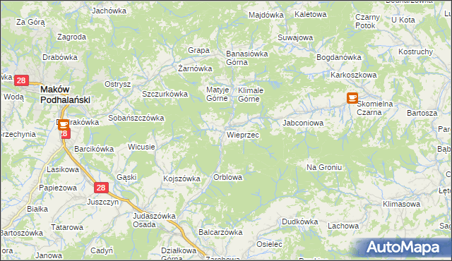 mapa Wieprzec gmina Maków Podhalański, Wieprzec gmina Maków Podhalański na mapie Targeo