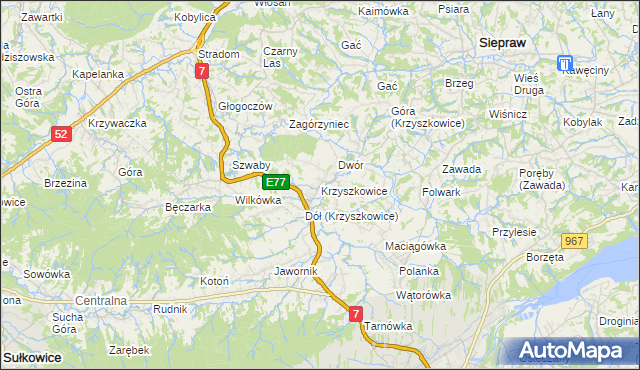 mapa Krzyszkowice gmina Myślenice, Krzyszkowice gmina Myślenice na mapie Targeo