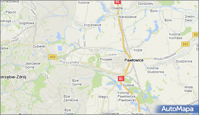 mapa Pniówek gmina Pawłowice, Pniówek gmina Pawłowice na mapie Targeo