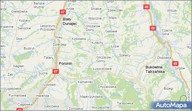 mapa Gliczarów Górny, Gliczarów Górny na mapie Targeo