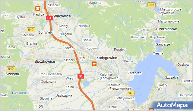 mapa Łodygowice powiat żywiecki, Łodygowice powiat żywiecki na mapie Targeo