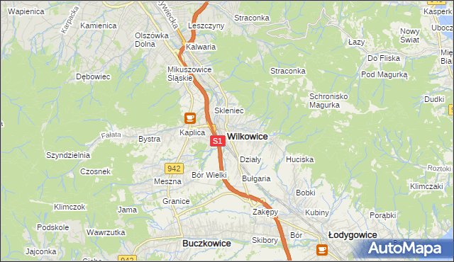 mapa Wilkowice powiat bielski, Wilkowice powiat bielski na mapie Targeo